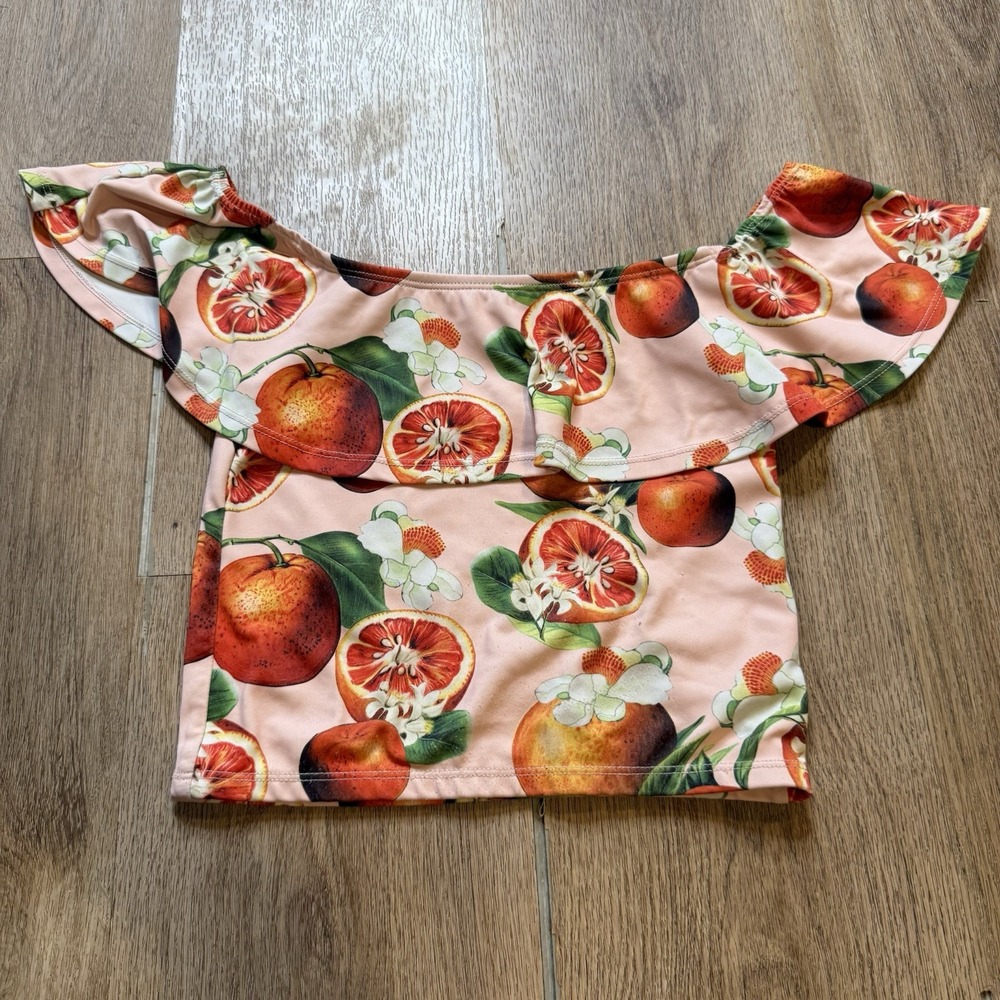 Kortni Jeane pink citrus orange print off the shoulder ruffle swim top 6 / 7